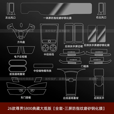 navigation screen tempered film, wheel hub, Car interior film - 26-models-of-the-zunjie-s800-collectors-edition-full-set-three-screen-anti-fingerprint-matte-tempered-film