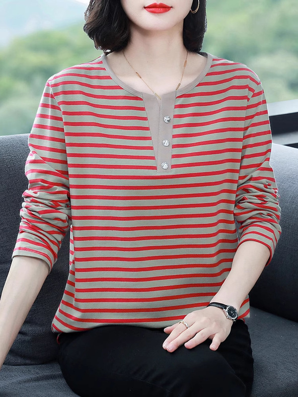 条纹纯棉长袖T恤女春秋薄款2025新款洋气中年妈妈加肥加大码上衣|undefined