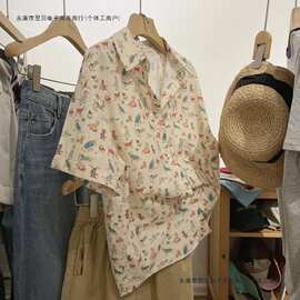 300斤大码男装日系港风卡通满印花衬衫短袖男女夏季宽松防晒衣服2
