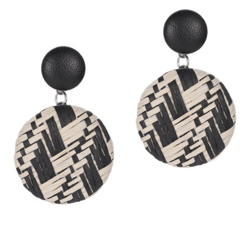 New European and American Cross-Border Earrings Bohemian Style Retro Button Drop Earrings Ethnic Style Woven Grass Paper Round Earrings