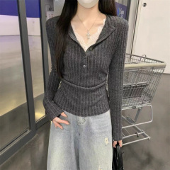 设计感小众假两件纽扣长袖T恤2026新款收腰显瘦长袖打底上衣韩版