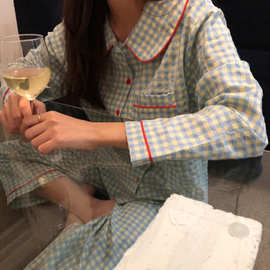 韩版睡衣女秋冬季绿色格子学生可爱长袖ins可外穿家居服两件套装