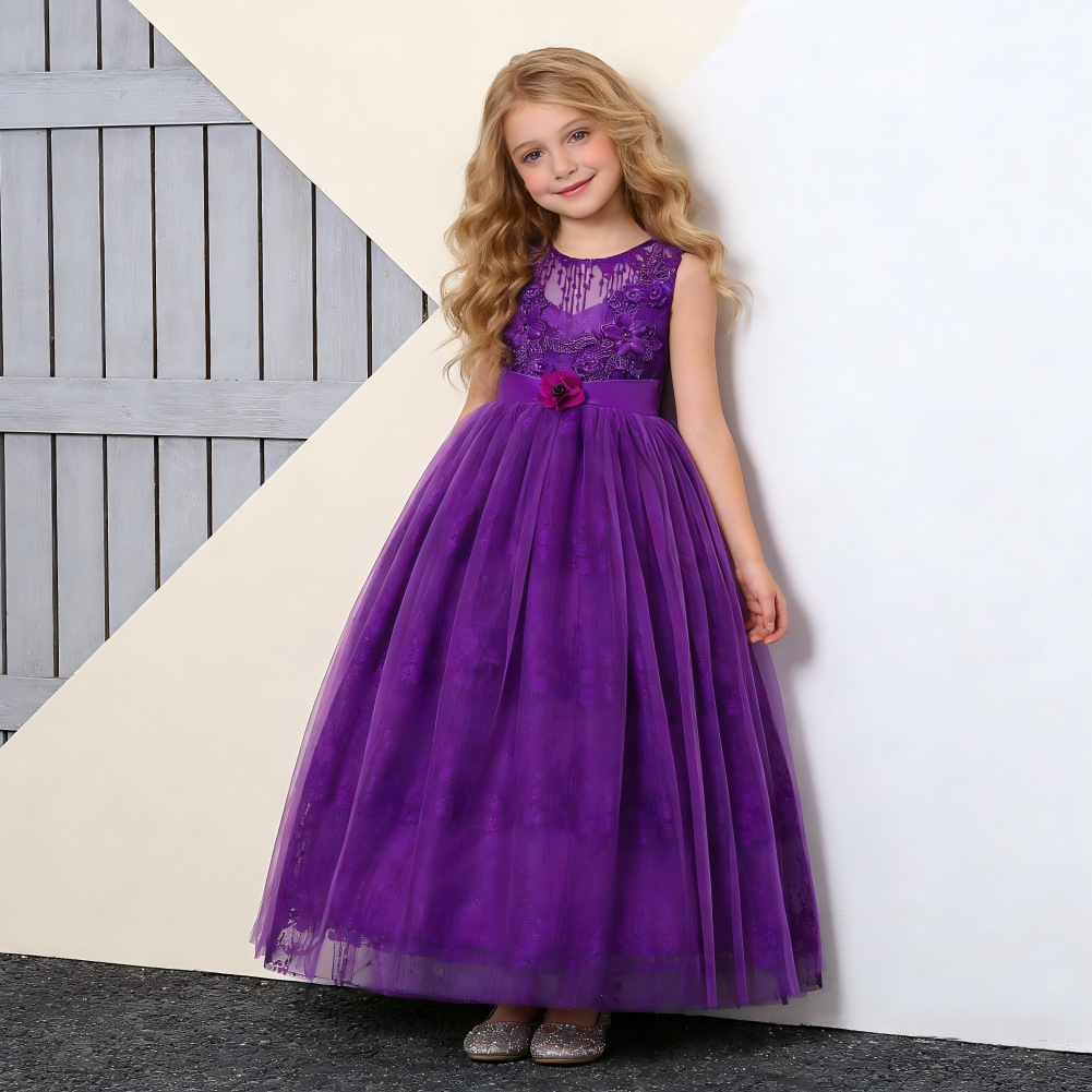 Vestido para niños Amazon Supply vestido de encaje de niña vestido de novia vestido de princesa de color sólido para niños medianos y grandes 831