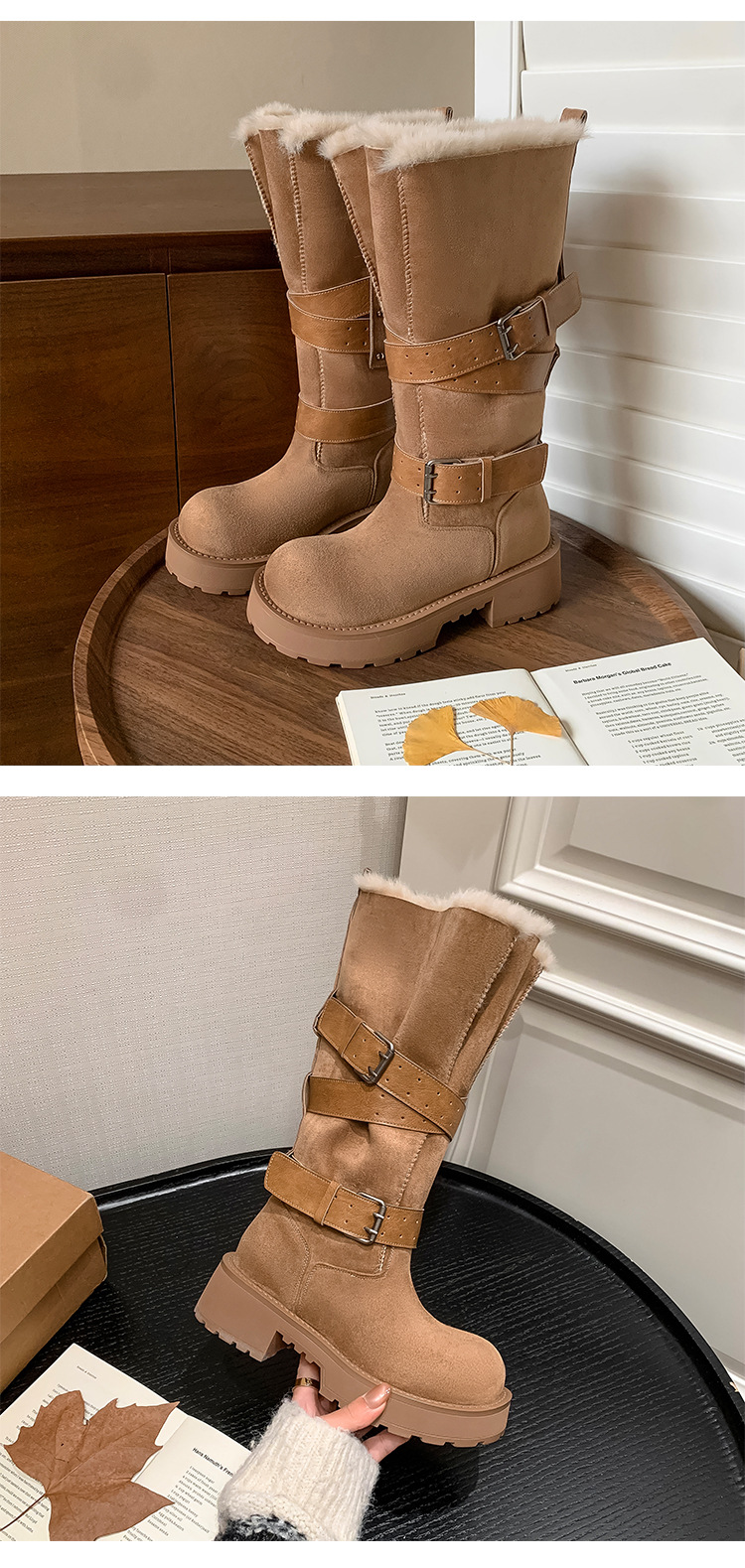 Boot tuyết nữ cổ cao lót lông cừu ấm áp đế dày khóa thắt lưng — màu kê chi tiết 13
