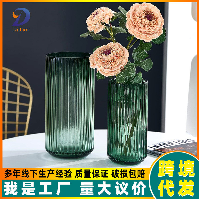 Thickened Glass Vase Transparent High-End Retro Striped Dining Table Living Room Decoration Ornaments Wholesale Flower Pot