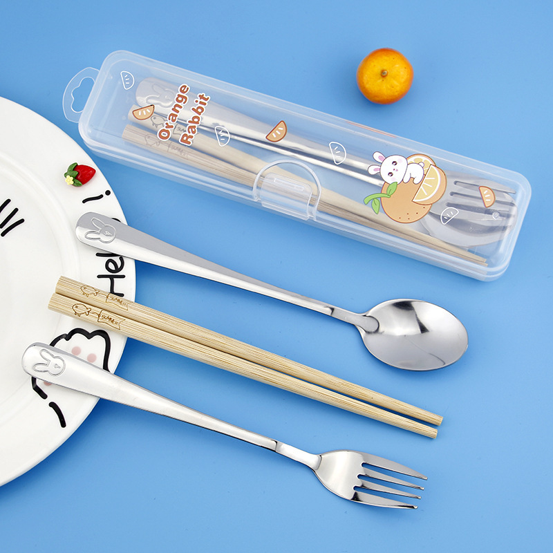 新しい漫画ポータブル食器 3 点セットステンレス鋼フォークスプーン箸学生かわいい食事食器セット|undefined