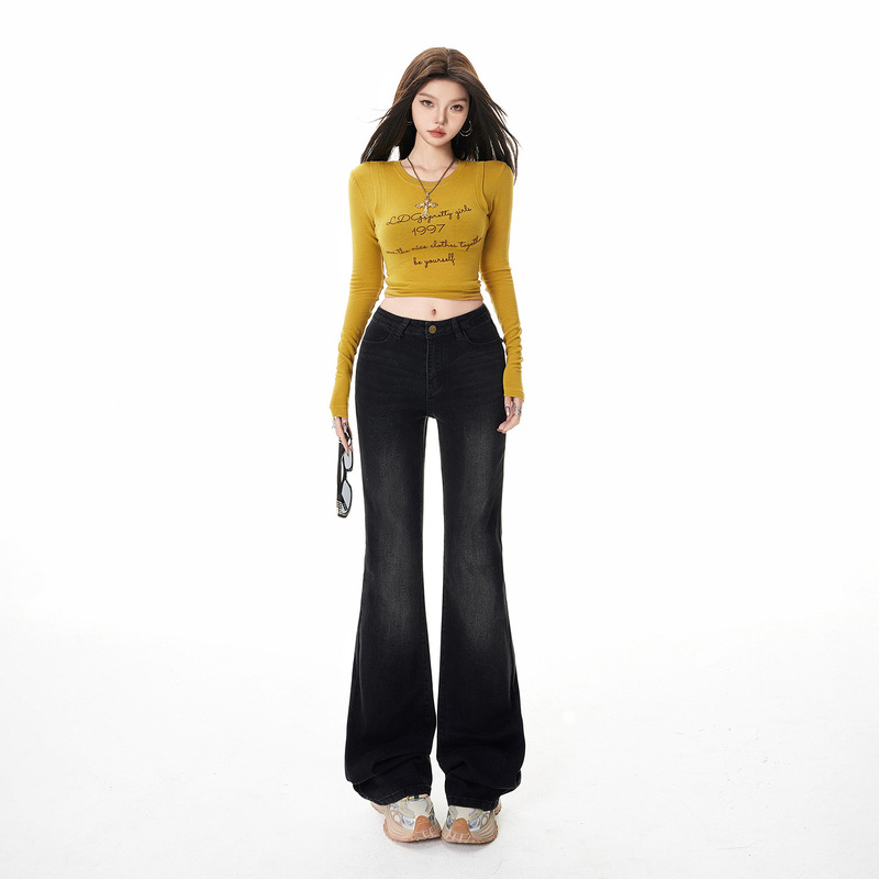 Yechuan # Black and Gray Low-Waist Flared Pants for Women, New Winter Slim Fit Stretchy Bootcut Jeans for Women