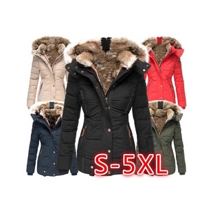 Amazon New Winter Warm Fur Collar Cotton-padded Jacket Women's Zipper Long-sleeved Slim-fit Cotton-padded Jacket Hooded Coat W128