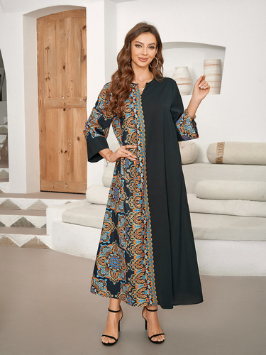 Cross-border real shot hot sale Muslim print splicing long dress elegant Middle Eastern long dress