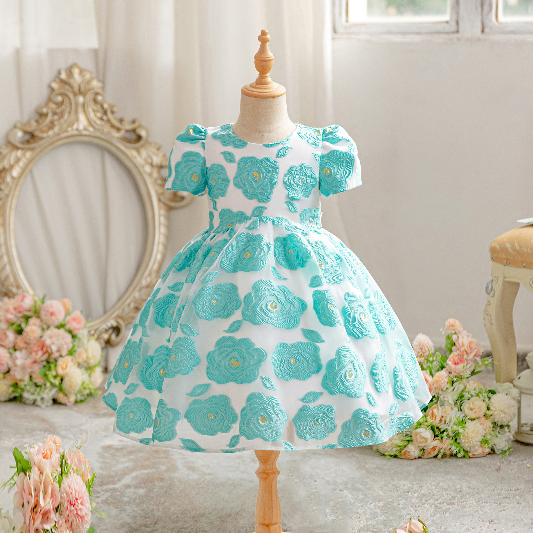 Cross-border girls' dress 2024 new children's clothing girls' short-sleeve princess dress children's floral embroidered fabric dress
