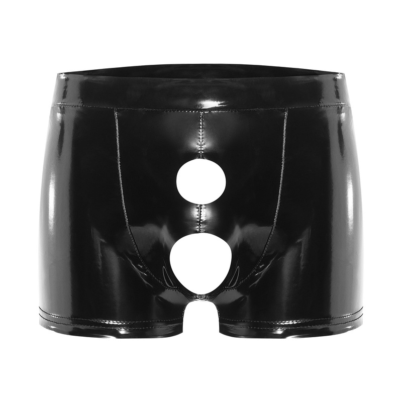 Cross-border Products Men's PVC Bright Leather Boxers Sexy Open Leather Shorts Accurate Size No Odor