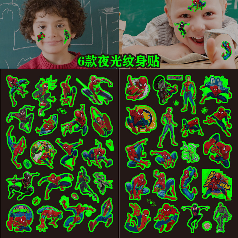 Spider-Man Luminous Tattoo Sticker Luminous Children's Cartoon Water Transfer Disposable Tattoo Sticker Boy Girl Hero