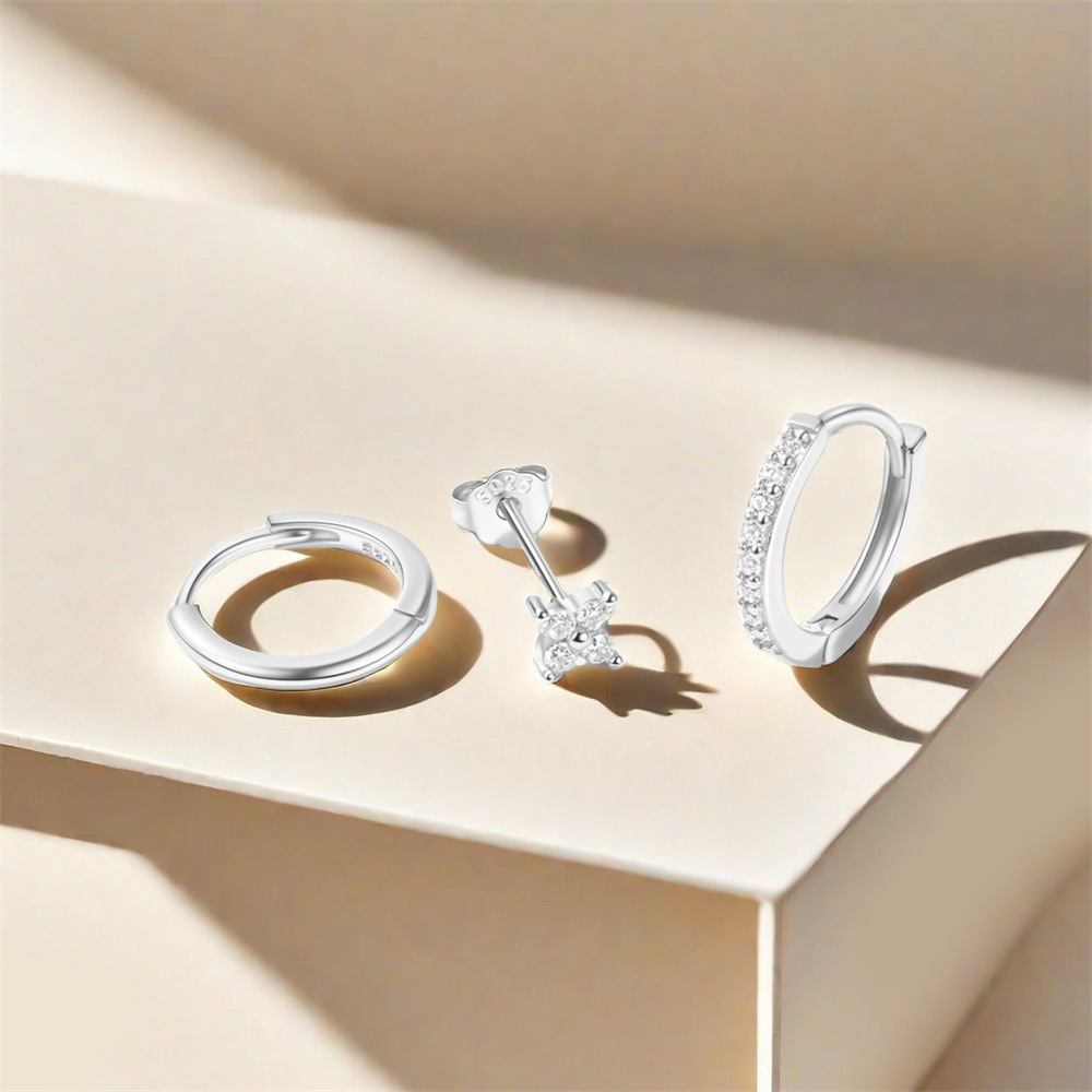 4g Weight 925 Sterling Silver Ear Needle Material Zircon Inlay Material Hoop Earrings, Ear Studs Classification 1 Set Quantity Holiday, Daily Occasion 925 Sterling Silver Material Geometric Pattern Women's Gender Plating Design Elegant, Simple Style Style 1 Set 925 Sterling Silver Zircon Geometric Hoop Earrings Ear Studs 39