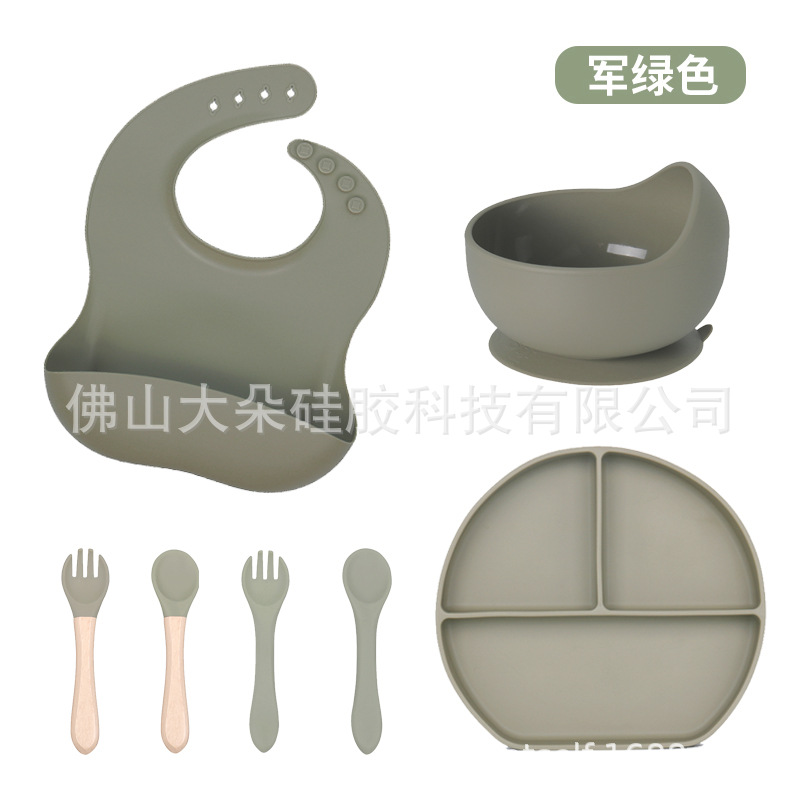 Precio bajo de la fábrica libre combinación de silicona bebé placa niños suplemento alimenticio tazón cuchara taza de agua babero traje