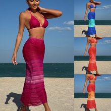 2025欧美新款渐变网纱三件套沙滩长裙性感比基尼bikini跨境外贸