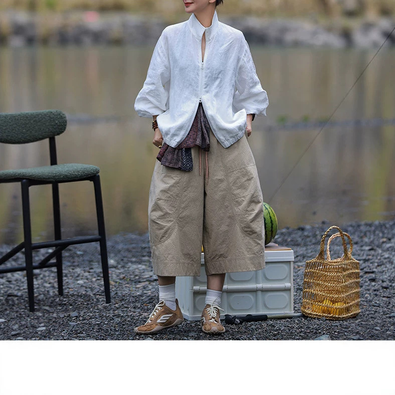 New Spring and Autumn 28-count high-density hemp-linen jacket with stand-up collar, double zipper, and puff sleeves New Spring and Autumn 28-count high-density hemp-linen jacket with stand-up collar, double zipper, and puff sleeves