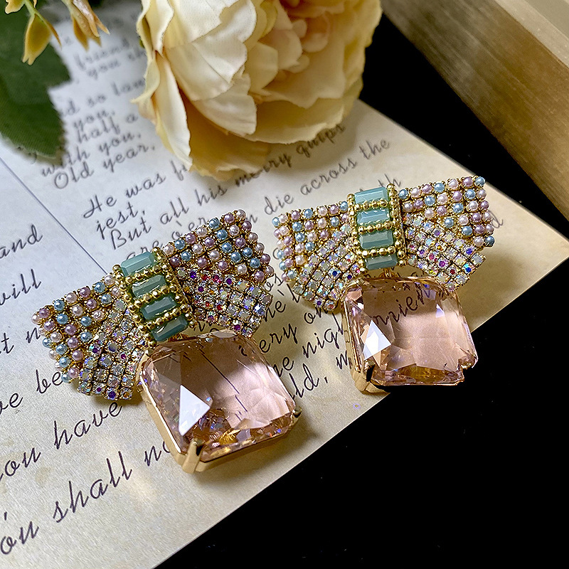 Bow Knot Pattern Women's Gender 1 Pair Sweet Bow Knot Inlay Copper Artificial Pearls Glass Drop Earrings