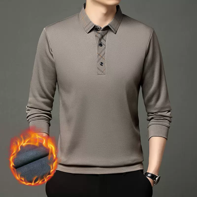 秋季新款男士加绒加厚长袖polo衫纯色翻领商务休闲中青年打底衫