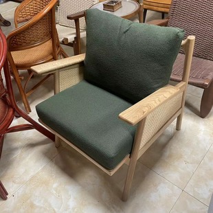 Japanese Single Sofa Chair Solid Wood Balcony Bedroom Leisure Log Chair Real Rattan Bed and Breakfast Tea Chair Backrest Living Room