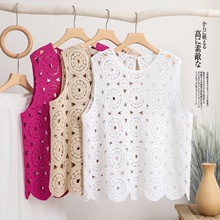2023夏季新款文艺马甲钩花镂空针织小背心纯色宽松显瘦外搭上衣女