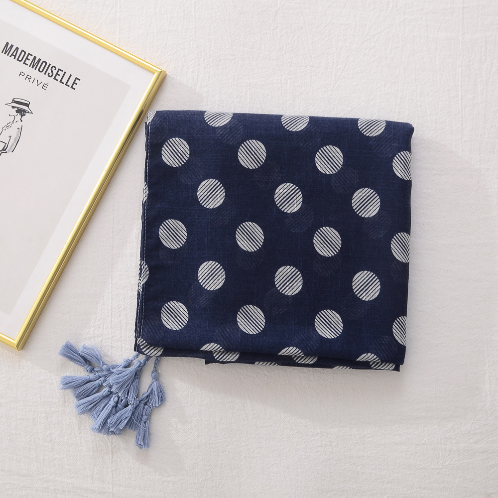 Nueva moda creativa Polka Dot costura algodón y lino sensación bufanda borla bufanda viajes playa protector solar chal bufanda