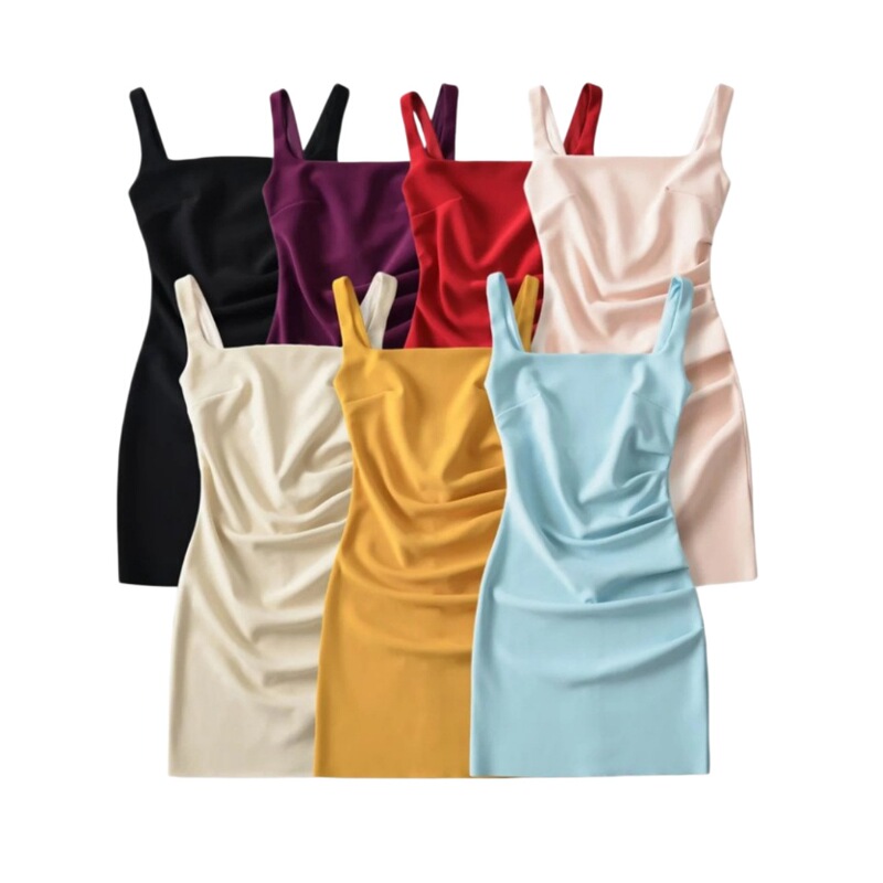 French-Style Square-Neck Pleated Suspender Dress for Women, Solid Color, Sexy Backless, Slim-Fit, Waist-Cinching, Hot Girl Style, Bodycon Short Dress