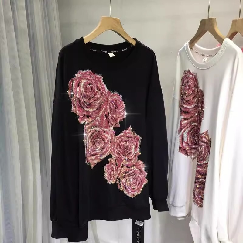 Super plus size 1.00 kg-150.00 kg Chubby M Heavy Industry Hot Drilling Sweater Women's Light Luxury Rose Round Neck Slim Long Sleeve Pullover Top
