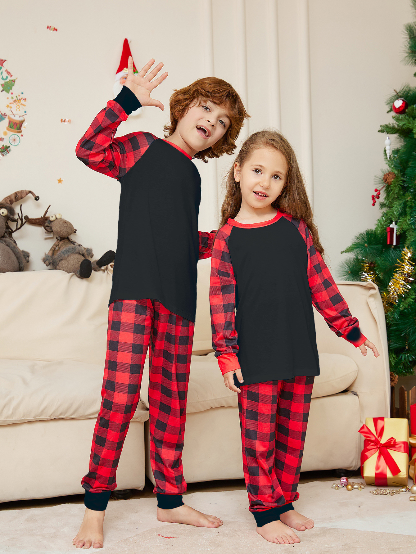 European and American Amazon Independent Station 2023 New Christmas Solid Color Plaid Printed Parent-Child Home Clothes Pajamas Set