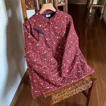 细语碎花棉麻棉袄秋冬民国风女装宽松斜襟手工盘扣短棉衣外套保暖