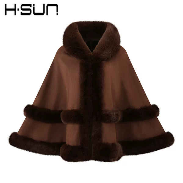 H·SUN European and American street style cape shawl with a high-end feel, suede with fur trim, warm and lined, women's 2026 fur collar