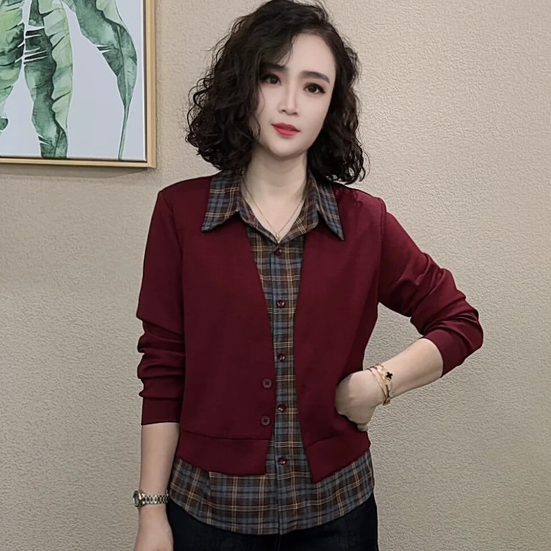 时尚长袖衬衫女2025秋季新款洋气显瘦百搭假两件格纹拼接衬衣上衣|undefined