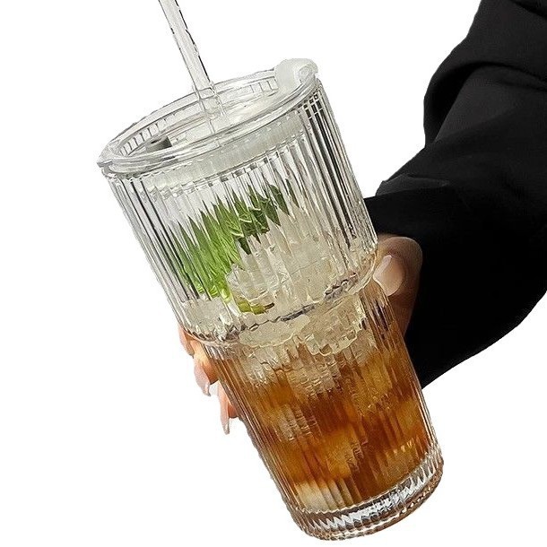 批发ins风玻璃杯冰美式大竖纹吸管杯夏冷饮杯果汁杯子大容量带盖|undefined
