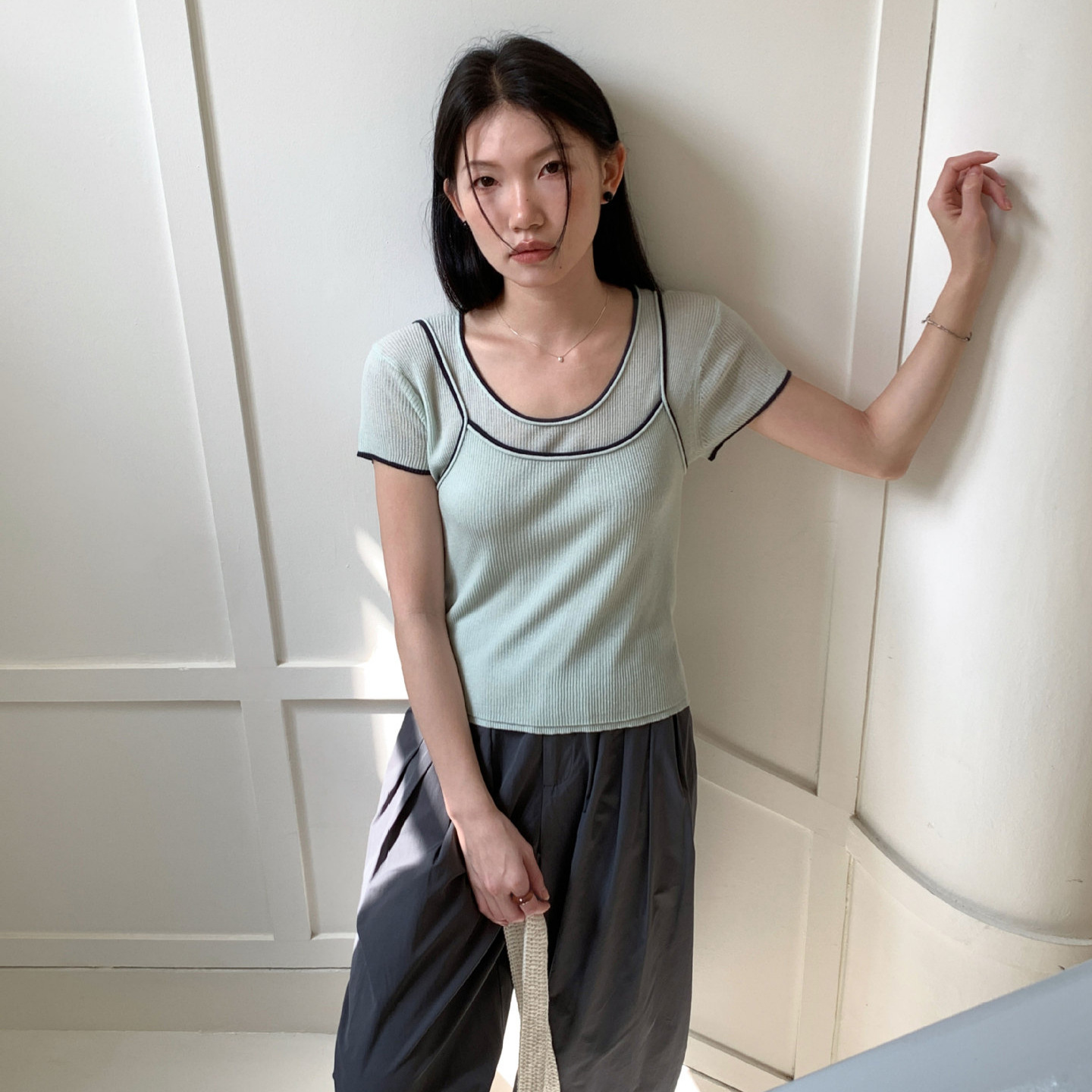 6UP春夏新款韓系兩件套撞色毛衣女2025廣州13行極簡休閒百搭91517