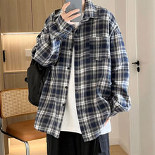 美式复古格子衬衫男潮长袖春秋宽松休闲情侣大码内搭加绒衬衣外套