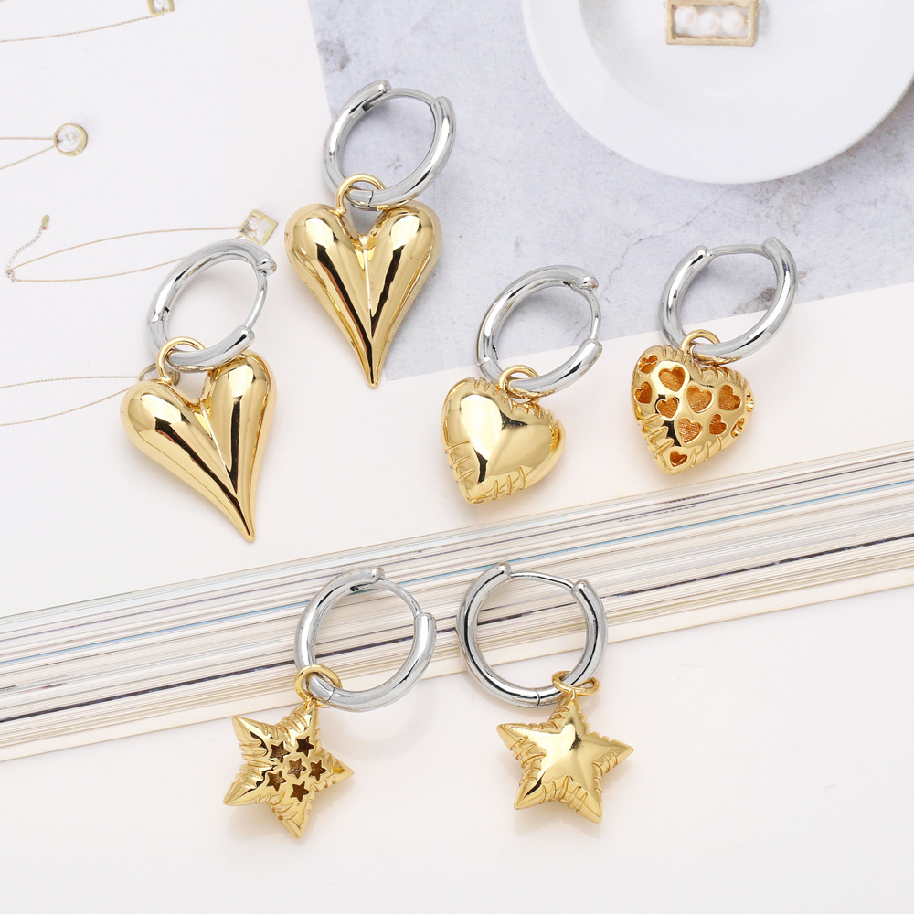 Copper Material 1 Pair Casual Simple Style Star Heart Shape Hollow Out Copper 18K Gold Plated Drop Earrings