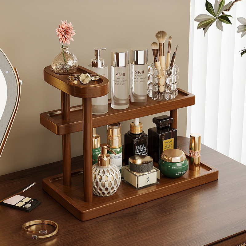 Caja de almacenamiento de cosméticos Estante de lápiz labial de perfume de escritorio Estante de almacenamiento de joyas de productos para el cuidado de la piel de madera maciza multicapa de lujo ligero