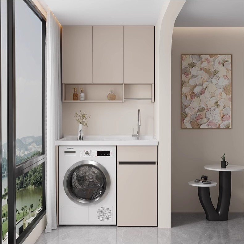 Gabinete de lavadora de panal de aluminio grueso con balcón integrado con tablero de fricción moderno y simple lavabo de piedra de cuarzo
