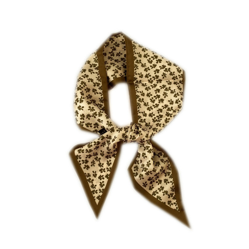 French Retro Cashew Flower Small Silk Scarf Korean New Style Diagonal Small Collar Scarf Spring Autumn Elegant Women Binding Scarf with Tassels Hairband