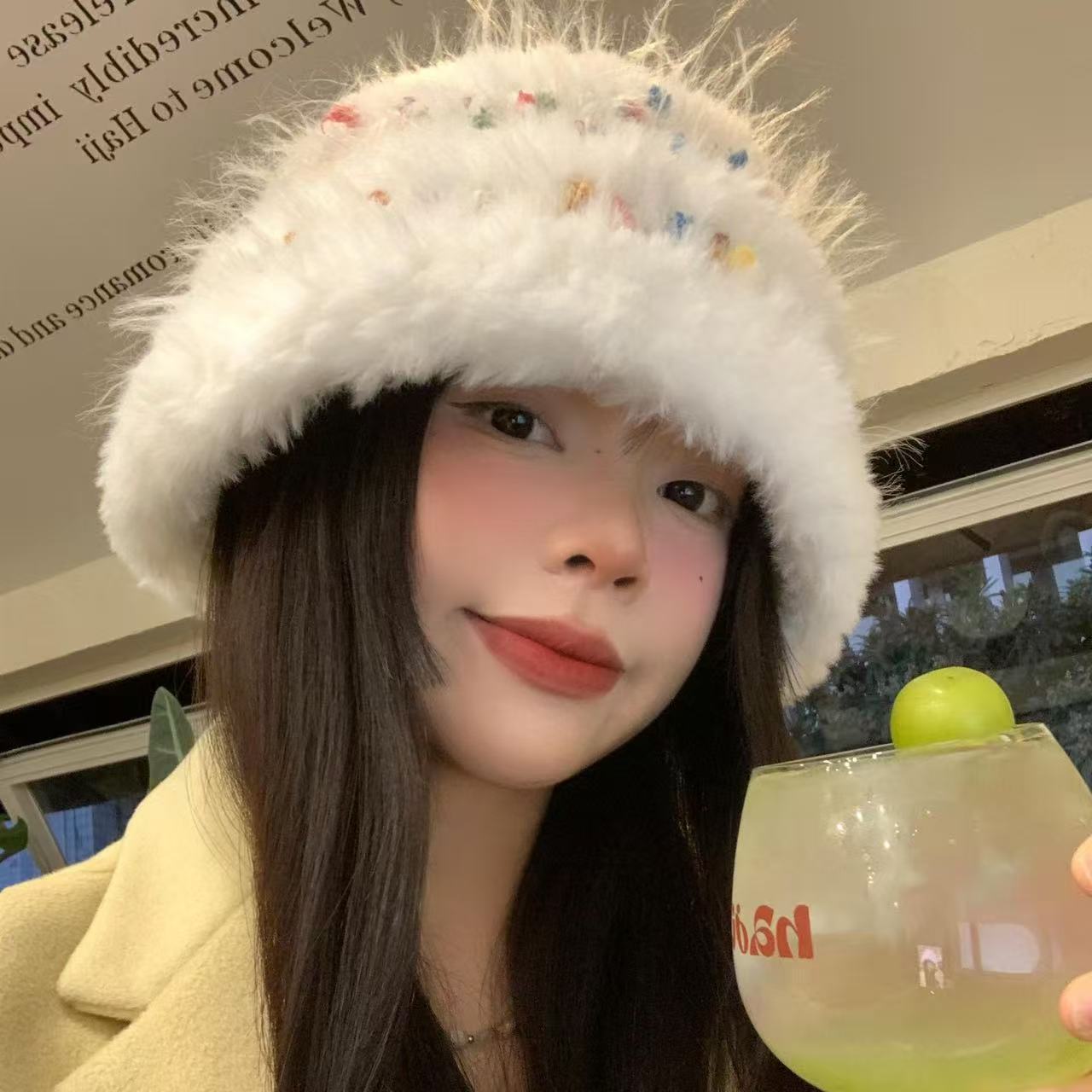 冬季小糖豆毛线帽子女显脸小加厚保暖针织毛绒帽大头围毛茸茸盆帽