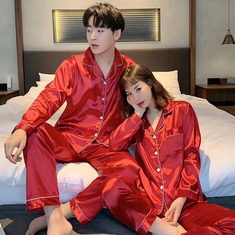 Fábrica directa de parejas pijamas de seda de hielo primavera y otoño manga larga suelta gran seda de color sólido conjunto de ropa de hogar transfronteriza