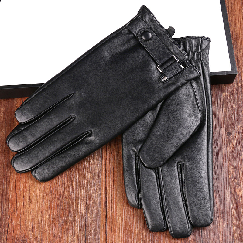Guantes térmicos de piel de oveja de otoño e invierno guantes de cuero de pantalla táctil de conducción cálida engrosada para hombres simples