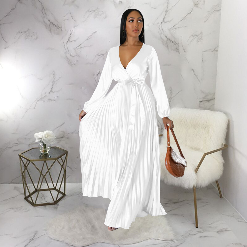 Solid Color Pattern Wholesale Women's Elegant Solid Color Party V Neck Long Sleeve Swing Dress
