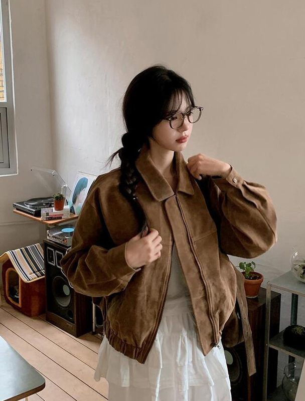 2025秋冬新款法式美拉德复古棕色系宽松鹿皮绒棒球服帅气机车外套|undefined