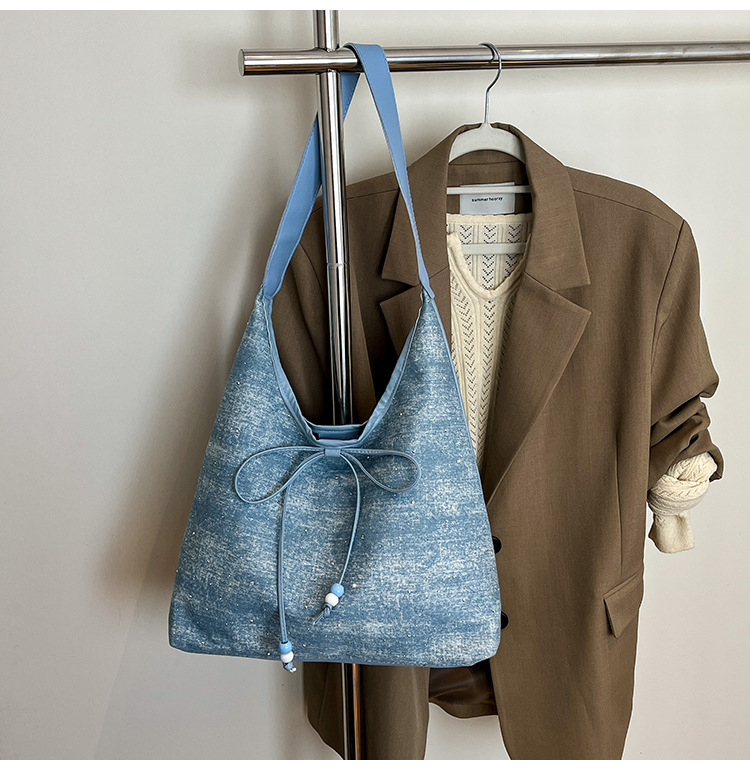 615g Weight String Closure Type Single Shoulder Strap Strap Type Shoulder Bag Bags Type Casual, Holiday Occasion Denim Material Sequins Pattern All Seasons Season Women's Gender Elegant, Streetwear Style Dumpling Shape Shape Women's Denim Sequins Elegant Streetwear Dumpling Shape String Shoulder Bag 12