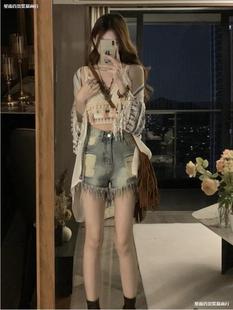 Ethnic Style Mid-Length Tassel Shirt Thin Cardigan Suspender Two-Piece Set Lazy Top for Women