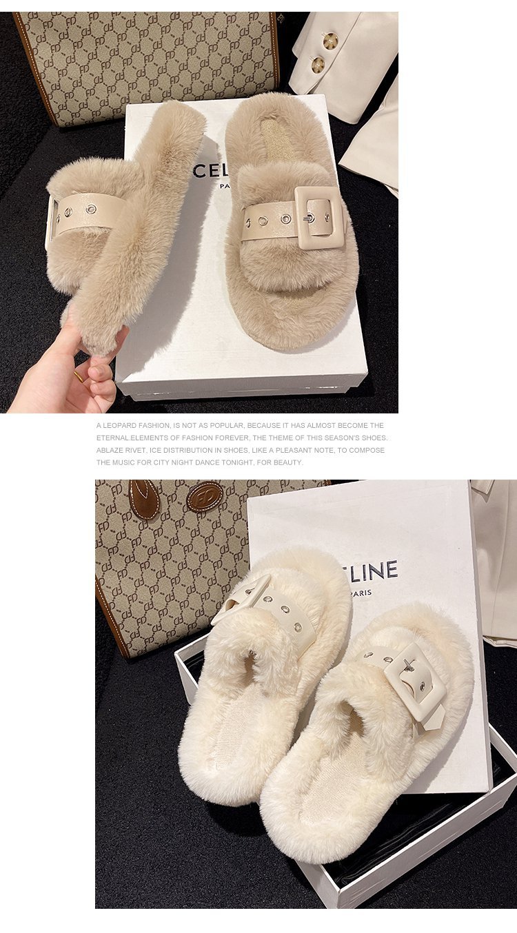 Pelzige Hausschuhe für Damenoberbekleidung, schwangere Frauen, große Hausschuhe mit dicken Sohlen, Gürtelschnalle, Plüsch, Ein-Wort-Baumwollhausschuhe_voghion.com