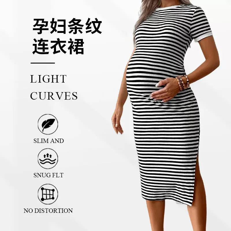 欧美跨境新品秋季条纹休闲舒适圆领弹力时尚辣妈开叉孕妇连衣裙