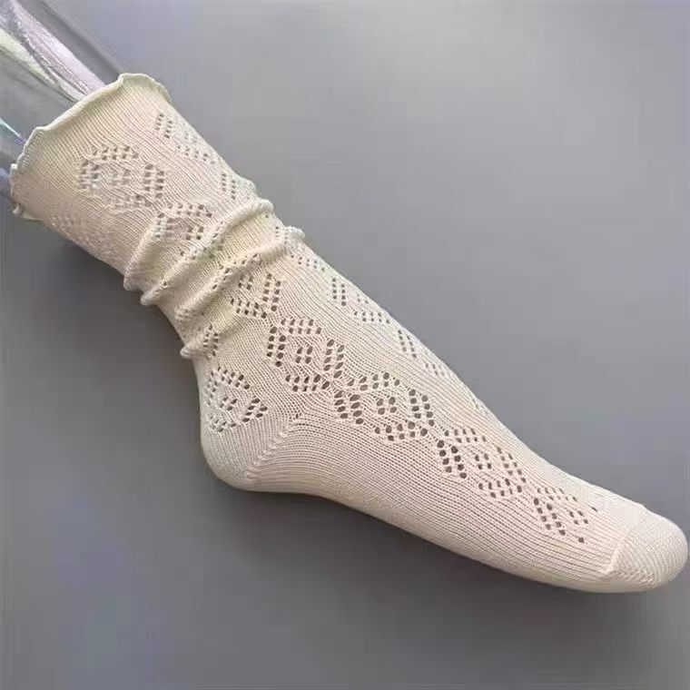 Exported to Japan, Nana Mesh Hollow-Out Pattern Organic Cotton Solid Color Breathable Mid-High Tube Loose Edge Lace Pile-Up Women's Socks