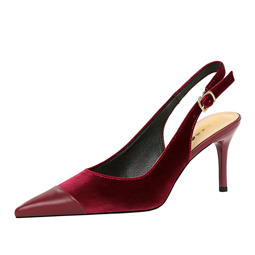 8315-A1 Banquet High Heels Backless Women's Patchwork Pointed Toe Shih Tzu Velvet Hollow Back Strap Single Shoes_vogvips.com