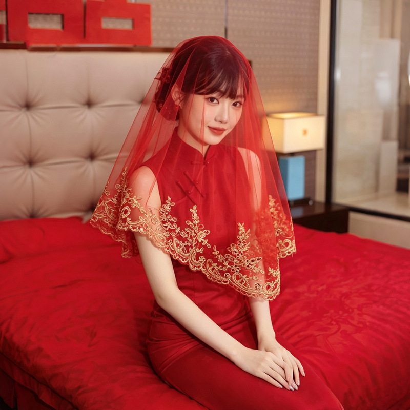 Bride's Red Hijab Wedding Chinese Style Xiuhe New Chinese Style Lace Translucent Red Mesh Ancient Style Head Covering